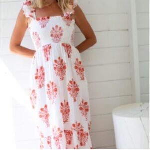 Marea by Liz Joy Sasco Floral Block Print Midi Ruffle Dress